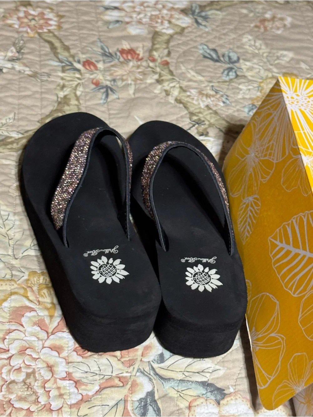 Yellow box rhinestone flip-flops. Size 8